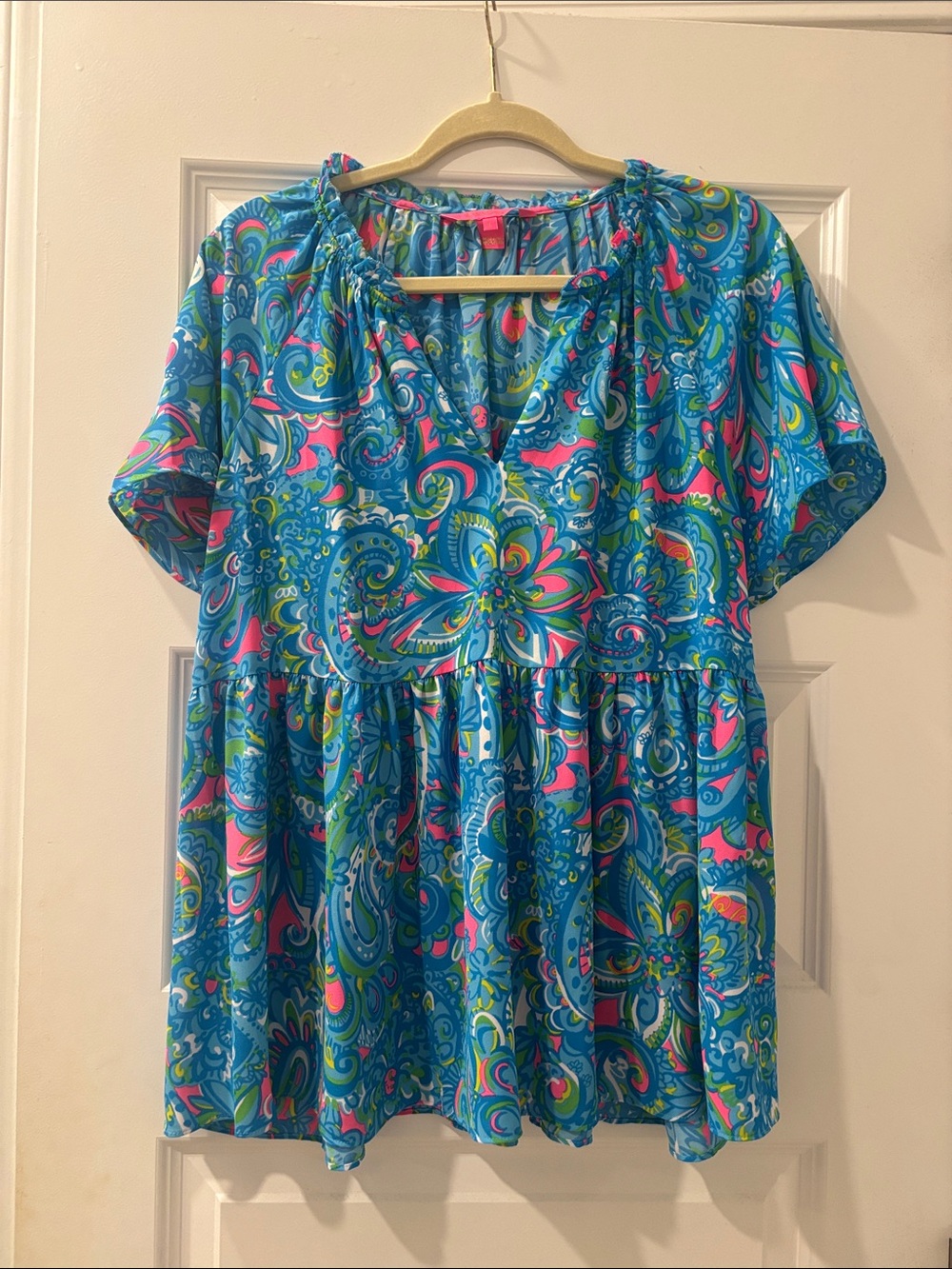 Lilly Pulitzer Blue Teal Pink Paisley Peasant Blouse